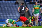 21 January 2024; St Brigid's goalkeeper Cormac Sheehy checks on Danny Tallon of Glen after a collision during the AIB GAA Football All-Ireland Senior Club Championship Final match between Glen of Derry and St Brigid's of Roscommon at Croke Park in Dublin. Photo by Ramsey Cardy/Sportsfile