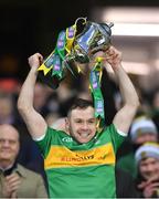 21 January 2024; Connor Carville of Glen lifts the Andy Merrigan Cup after his side's victory in the AIB GAA Football All-Ireland Senior Club Championship Final match between Glen of Derry and St Brigid's of Roscommon at Croke Park in Dublin. Photo by Piaras Ó Mídheach/Sportsfile