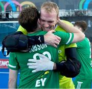21 January 2024; Michael Robson, left, and David Harte of Ireland celebrate after the FIH Men's Olympic Hockey Qualifying Tournament third/fourth place play-off match between Ireland and Korea at Campo de Hockey Hierba Tarongers in Valencia, Spain. Photo by David Ramirez/Sportsfile