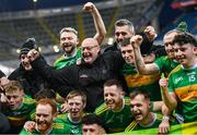 21 January 2024; Glen manager Malachy O'Rourke celebrates with his players after winning the AIB GAA Football All-Ireland Senior Club Championship Final match between Glen of Derry and St Brigid's of Roscommon at Croke Park in Dublin. Photo by Ramsey Cardy/Sportsfile
