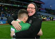 21 January 2024; Glen manager Malachy O'Rourke celebrates with Eunan Mulholland after their side's victory in the AIB GAA Football All-Ireland Senior Club Championship Final match between Glen of Derry and St Brigid's of Roscommon at Croke Park in Dublin. Photo by Piaras Ó Mídheach/Sportsfile