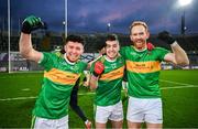 21 January 2024; Tiarnan Flanagan, left, Danny Tallon, centre, and Conor Glass of Glen celebrate after the AIB GAA Football All-Ireland Senior Club Championship Final match between Glen of Derry and St Brigid's of Roscommon at Croke Park in Dublin. Photo by Ramsey Cardy/Sportsfile
