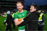 21 January 2024; Conor Glass of Glen celebrates with assistant manager Ryan Porter after the AIB GAA Football All-Ireland Senior Club Championship Final match between Glen of Derry and St Brigid's of Roscommon at Croke Park in Dublin. Photo by Ramsey Cardy/Sportsfile