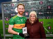 21 January 2024; Player of the match Conor Glass of Glen is presented with his award by AIB Head of Marketing Engagement Nuala Kroondijk after the AIB GAA Football All-Ireland Senior Club Championship Final match between Glen of Derry and St Brigid's of Roscommon at Croke Park in Dublin. Photo by Ramsey Cardy/Sportsfile