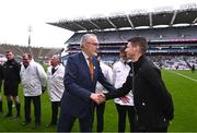 21 January 2024; Uachtarán Chumann Lúthchleas Gael Larry McCarthy shakes hands with referee Seán Stack before the AIB GAA Hurling All-Ireland Senior Club Championship Final match between O’Loughlin Gaels of Kilkenny and St. Thomas’ of Galway at Croke Park in Dublin. Photo by Piaras Ó Mídheach/Sportsfile