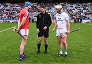 21 January 2024; Referee Seán Stack with team captains Mark Bergin of O'Loughlin and Conor Cooney of St Thomas' before the AIB GAA Hurling All-Ireland Senior Club Championship Final match between O’Loughlin Gaels of Kilkenny and St. Thomas’ of Galway at Croke Park in Dublin. Photo by Piaras Ó Mídheach/Sportsfile