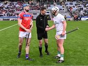 21 January 2024; Referee Seán Stack with team captains Mark Bergin of O'Loughlin and Conor Cooney of St Thomas' before the AIB GAA Hurling All-Ireland Senior Club Championship Final match between O’Loughlin Gaels of Kilkenny and St. Thomas’ of Galway at Croke Park in Dublin. Photo by Piaras Ó Mídheach/Sportsfile