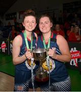 21 January 2024; Gurranabraher Credit Union Brunell players Edel Thornton, left, and Danielle O’Leary after their side's victory in the Basketball Ireland Paudie O'Connor Cup Final match between Catalyst Fr Mathews and Gurranabraher Credit Union Brunell at the National Basketball Arena in Tallaght, Dublin. Photo by Seb Daly/Sportsfile