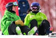 22 January 2024; Eábha McKenna of Team Ireland, right, with Team Ireland alpine coach Georgia Esposito after competing in the womens Alpine Combined Slalom event during day three of the Winter Youth Olympic Games 2024 at Gangwon in South Korea. Photo by Eóin Noonan/Sportsfile