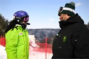 22 January 2024; Eábha McKenna of Team Ireland with Team Ireland alpine coach Giorgio Marchesini after the mens Alpine Combined Slalom event during day three of the Winter Youth Olympic Games 2024 at Gangwon in South Korea. Photo by Eóin Noonan/Sportsfile