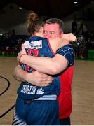 21 January 2024; Gurranabraher Credit Union Brunell coach Liam Culloty and Edel Thornton celebrate after the Basketball Ireland Paudie O'Connor Cup Final match between Catalyst Fr Mathews and Gurranabraher Credit Union Brunell at the National Basketball Arena in Tallaght, Dublin. Photo by Seb Daly/Sportsfile