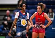 21 January 2024; Jayla Johnson of Gurranabraher Credit Union Brunell and Grainne Dwyer of Catalyst Fr Mathews during the Basketball Ireland Paudie O'Connor Cup Final match between Catalyst Fr Mathews and Gurranabraher Credit Union Brunell at the National Basketball Arena in Tallaght, Dublin. Photo by Seb Daly/Sportsfile