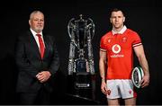 22 January 2024; Wales head coach Warren Gatland and Gareth Davies of Wales with the trophy during the launch of the Guinness Six Nations Rugby Championship at the Guinness Storehouse in Dublin. Photo by Ramsey Cardy/Sportsfile