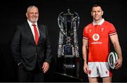 22 January 2024; Wales head coach Warren Gatland and Gareth Davies of Wales with the trophy during the launch of the Guinness Six Nations Rugby Championship at the Guinness Storehouse in Dublin. Photo by Ramsey Cardy/Sportsfile