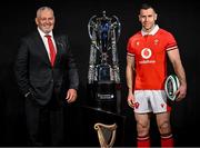 22 January 2024; Wales head coach Warren Gatland and Gareth Davies of Wales with the trophy during the launch of the Guinness Six Nations Rugby Championship at the Guinness Storehouse in Dublin. Photo by Ramsey Cardy/Sportsfile