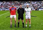 21 January 2024; Referee Seán Stack with team captains Mark Bergin of O'Loughlin and Conor Cooney of St Thomas' before the AIB GAA Hurling All-Ireland Senior Club Championship Final match between O’Loughlin Gaels of Kilkenny and St. Thomas’ of Galway at Croke Park in Dublin. Photo by Piaras Ó Mídheach/Sportsfile