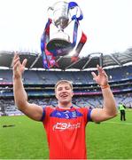 21 January 2024; Fintan Burke of St Thomas' celebrates with the Tommy Moore Cup after his side's victory in the AIB GAA Hurling All-Ireland Senior Club Championship Final match between O’Loughlin Gaels of Kilkenny and St. Thomas’ of Galway at Croke Park in Dublin. Photo by Piaras Ó Mídheach/Sportsfile