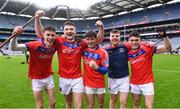 21 January 2024; St Thomas' players, from left, Christopher Kelly, John Headd, Glen Linnane, Jack Haverty and Victor Manso celebrate after their side's victory in the AIB GAA Hurling All-Ireland Senior Club Championship Final match between O’Loughlin Gaels of Kilkenny and St. Thomas’ of Galway at Croke Park in Dublin. Photo by Piaras Ó Mídheach/Sportsfile