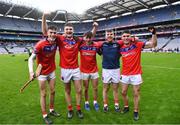 21 January 2024; St Thomas' players, from left, Christopher Kelly, John Headd, Glen Linnane, Jack Haverty and Victor Manso celebrate after their side's victory in the AIB GAA Hurling All-Ireland Senior Club Championship Final match between O’Loughlin Gaels of Kilkenny and St. Thomas’ of Galway at Croke Park in Dublin. Photo by Piaras Ó Mídheach/Sportsfile