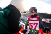 23 January 2024; Eábha McKenna of Team Ireland with Team Ireland head of communications Heather Boyle after competing in the womens Giant Slalom during day four of the Winter Youth Olympic Games 2024 at Gangwon in South Korea. Photo by Eóin Noonan/Sportsfile
