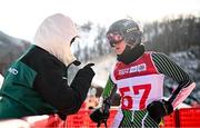 23 January 2024; Eábha McKenna of Team Ireland with Team Ireland head of communications Heather Boyle after competing in the womens Giant Slalom during day four of the Winter Youth Olympic Games 2024 at Gangwon in South Korea. Photo by Eóin Noonan/Sportsfile