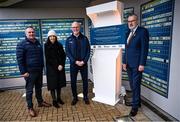 24 January 2024; In attendance at the unveiling of a new club wall at Croke Park in Dublin, incorporating the crests of clubs from GAA, LGFA, Camogie, Handball and Rounders; are from left to right, Croke Park stadium director Peter McKenna, GAA museum director Niamh McCoy, John Fitzgerald, and Uachtarán Chumann Lúthchleas Gael Larry McCarthy. Photo by Ramsey Cardy/Sportsfile