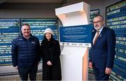 24 January 2024; In attendance at the unveiling of a new club wall at Croke Park in Dublin, incorporating the crests of clubs from GAA, LGFA, Camogie, Handball and Rounders; are from left to right, Croke Park stadium director Peter McKenna, GAA museum director Niamh McCoy, and Uachtarán Chumann Lúthchleas Gael Larry McCarthy. Photo by Ramsey Cardy/Sportsfile