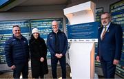 24 January 2024; In attendance at the unveiling of a new club wall at Croke Park in Dublin, incorporating the crests of clubs from GAA, LGFA, Camogie, Handball and Rounders; are from left to right, Croke Park stadium director Peter McKenna, GAA museum director Niamh McCoy, John Fitzgerald, and Uachtarán Chumann Lúthchleas Gael Larry McCarthy. Photo by Ramsey Cardy/Sportsfile