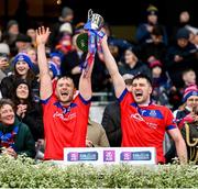 21 January 2024; Darragh Burke, left, and Cathal Burke of St Thomas' lift the Tommy Moore Cup after the AIB GAA Hurling All-Ireland Senior Club Championship Final match between O’Loughlin Gaels of Kilkenny and St. Thomas’ of Galway at Croke Park in Dublin. Photo by Ramsey Cardy/Sportsfile