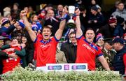 21 January 2024; Fintan Burke, left, and Bernard Burke of St Thomas' lift the Tommy Moore Cup after the AIB GAA Hurling All-Ireland Senior Club Championship Final match between O’Loughlin Gaels of Kilkenny and St. Thomas’ of Galway at Croke Park in Dublin. Photo by Ramsey Cardy/Sportsfile