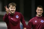 22 January 2024; Andrew Quinn, left, and Matthew O'Brien of Drogheda United share a joke before the PTSB Leinster Senior Cup Group A match between Drogheda United and Bohemians at Weaver's Park in Drogheda, Louth. Photo by Ben McShane/Sportsfile