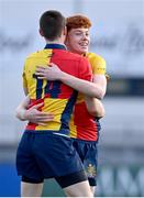 23 January 2024; Tadg Young, left, and Samuel O'Leary of St Fintan's celebrate after their side's victory in the Bank of Ireland Leinster Rugby Schools Vinnie Murray Cup semi-final match between Temple Carrig School and St Fintan’s High School at Energia Park in Dublin. Photo by Tyler Miller/Sportsfile