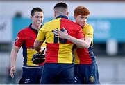 23 January 2024; St Fintan's players, from left, Tadg Young, Fionn Cullen, and Samuel O'Leary celebrate after their side's victory in the Bank of Ireland Leinster Rugby Schools Vinnie Murray Cup semi-final match between Temple Carrig School and St Fintan’s High School at Energia Park in Dublin. Photo by Tyler Miller/Sportsfile