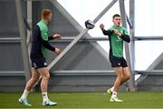 23 January 2024; Sam Prendergast, right, and Ciarán Frawley during Ireland Rugby squad training at the IRFU High Performance Centre at the Sport Ireland Campus in Dublin. Photo by Harry Murphy/Sportsfile