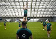 23 January 2024; Jack Conan is lifted in a lineout during Ireland Rugby squad training at the IRFU High Performance Centre at the Sport Ireland Campus in Dublin. Photo by Harry Murphy/Sportsfile