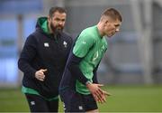 23 January 2024; Head coach Andy Farrell speaks to Sam Prendergast during Ireland Rugby squad training at the IRFU High Performance Centre at the Sport Ireland Campus in Dublin. Photo by Harry Murphy/Sportsfile