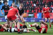 23 January 2024; Samuel McNamara of The High School dives over to score his side's first try during the Bank of Ireland Leinster Rugby Schools Vinnie Murray Cup semi-final match between High School and CUS at Energia Park in Dublin. Photo by Tyler Miller/Sportsfile