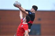 23 January 2024; Samuel McNamara of The High School and Cathal Lynch of CUS battle for possession in a line-out during the Bank of Ireland Leinster Rugby Schools Vinnie Murray Cup semi-final match between High School and CUS at Energia Park in Dublin. Photo by Tyler Miller/Sportsfile
