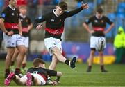 23 January 2024; Leo Kilroy of The High School kicks a conversion as team-mate Evan Kelleher holds the ball in place during the Bank of Ireland Leinster Rugby Schools Vinnie Murray Cup semi-final match between High School and CUS at Energia Park in Dublin. Photo by Tyler Miller/Sportsfile