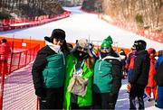 24 January 2024; Team Ireland from left, head of communications Heather Boyle, deputy Chef de Mission Linda O'Reilly and Chef de Mission Nancy Chillingworth at the mens Giant Slalom event during day five of the Winter Youth Olympic Games 2024 at Gangwon in South Korea. Photo by Eóin Noonan/Sportsfile