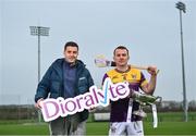 24 January 2024; Jack McGowan, CEO Pheonix Labs, with Wexford hurler Kevin Foley during the launch for the 2024 Dioralyte Walsh Cup Final Launch at the GAA National Games Development Centre in Abbotstown, Dublin, ahead of Sunday's final between Galway and Wexford. Photo by David Fitzgerald/Sportsfile