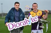 24 January 2024; Jack McGowan, CEO Pheonix Labs, with Wexford hurler Kevin Foley during the launch for the 2024 Dioralyte Walsh Cup Final Launch at the GAA National Games Development Centre in Abbotstown, Dublin, ahead of Sunday's final between Galway and Wexford. Photo by David Fitzgerald/Sportsfile