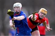 24 January 2024; Shane Meehan of Mary Immaculate College Limerick is tackled by Luke Elliot of UCC during the Electric Ireland Higher Education GAA Fitzgibbon Cup Round 2 match between Mary Immaculate College Limerick and UCC at MICL Grounds in Limerick. Photo by Piaras Ó Mídheach/Sportsfile