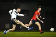 24 January 2024; Niall Loughlin of Ulster University scores his side's first goal during the Electric Ireland Higher Education GAA Sigerson Cup Round 3 match between Ulster University and MTU Cork at the GAA National Games Development Centre in Abbotstown, Dublin. Photo by Stephen Marken/Sportsfile