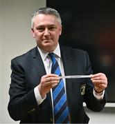 24 January 2024; Chairman of the Leinster Rugby committee Karl O'Neill draws Mu Barnhall during the Leinster Rugby Metropolitan Cup Draws 2024 at Leinster HQ in Dublin. Photo by Ben McShane/Sportsfile