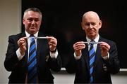 24 January 2024; Chairman of the Leinster Rugby committee Karl O'Neill, left, and Leinster rugby president Billy Murphy draw the first round match of Seapoint and Old Wesley during the Leinster Rugby Metropolitan Cup Draws 2024 at Leinster HQ in Dublin. Photo by Ben McShane/Sportsfile