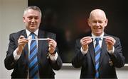 24 January 2024; Chairman of the Leinster Rugby committee Karl O'Neill, left, and Leinster rugby president Billy Murphy draw the first round match of UCD and Greystones during the Leinster Rugby Metropolitan Cup Draws 2024 at Leinster HQ in Dublin. Photo by Ben McShane/Sportsfile