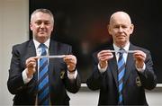 24 January 2024; Chairman of the Leinster Rugby committee Karl O'Neill, left, and Leinster rugby president Billy Murphy draw the first round match of Blackrock College and Lansdowne during the Leinster Rugby Metropolitan Cup Draws 2024 at Leinster HQ in Dublin. Photo by Ben McShane/Sportsfile