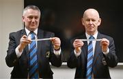 24 January 2024; Chairman of the Leinster Rugby committee Karl O'Neill, left, and Leinster rugby president Billy Murphy draw the first round match of Clontarf and Terenure College RFC during the Leinster Rugby Metropolitan Cup Draws 2024 at Leinster HQ in Dublin. Photo by Ben McShane/Sportsfile