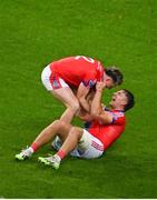 21 January 2024; Cian Mahony, left, and Fintan Burke of St Thomas' celebrate after their side's victory in the AIB GAA Hurling All-Ireland Senior Club Championship Final match between O’Loughlin Gaels of Kilkenny and St. Thomas’ of Galway at Croke Park in Dublin. Photo by Sam Barnes/Sportsfile